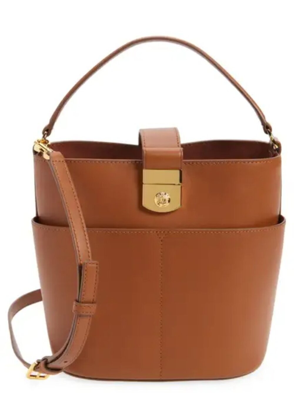 VERONICA BEARD Small Crest Lock Leather Bucket Bag Hazelwood